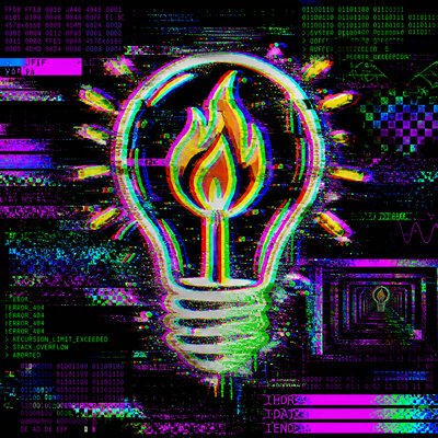 a colorful light bulb with a black background