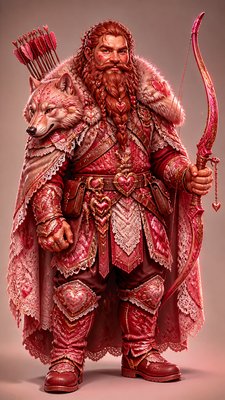 full-body original character: a dwarven ranger with a braided auburn beard, worn leather armor, a longbow and a wolf-pelt cloak, neutral background, no text