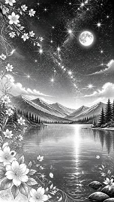 a tranquil mountain lake beneath a starry night sky, no people, no text
