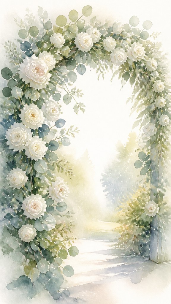 an arch of white roses and eucalyptus in soft morning light, elegant vertical composition with open space, no text
