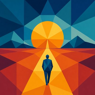 a solitary figure walking toward a glowing horizon across an empty plain, moody atmosphere, no text or lettering