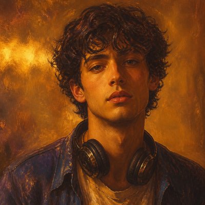 head-and-shoulders portrait of an original character: a young man with curly dark hair and headphones around his neck, plain backdrop, no text