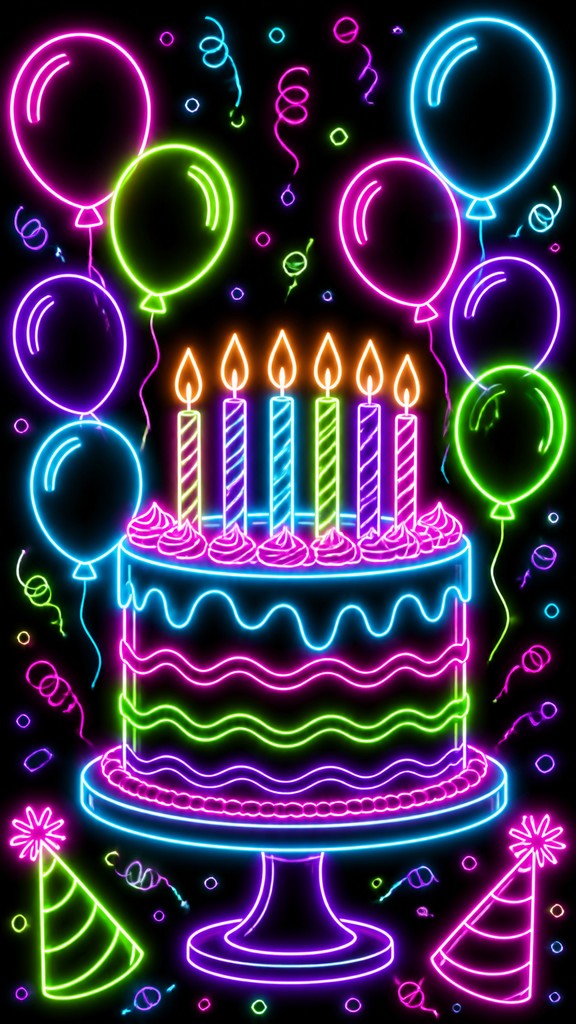 a birthday cake with lit candles surrounded by balloons and confetti, festive vertical composition, no text