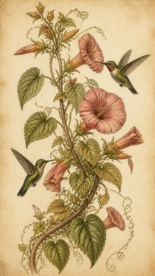 a climbing vine of flowers and hummingbirds on a dark background, tall wrapping composition, no text