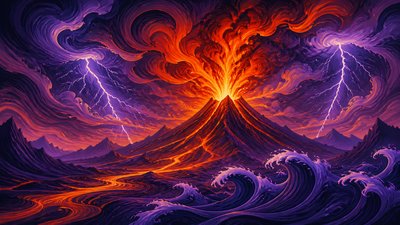 an erupting volcano with lightning strikes, dramatic wide composition, no text
