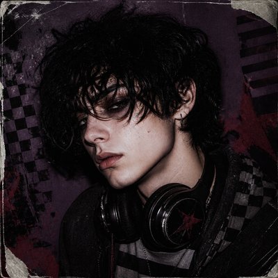 head-and-shoulders portrait of an original character: a young man with curly dark hair and headphones around his neck, plain backdrop, no text
