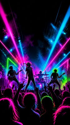 a live music scene with a glowing stage and silhouetted crowd, energetic vertical composition with open space at the top, no text