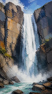 towering waterfall cascading down a cliff