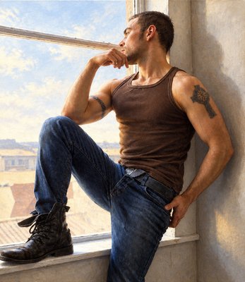 a man sitting on a window sill looking out the window