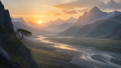 a vast valley with a river winding toward distant mountains at sunrise, no people, no text