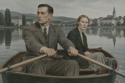 couple rowing a boat on a lake