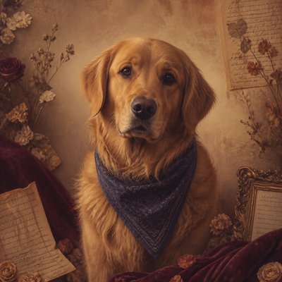 portrait of a golden retriever wearing a blue bandana, warm plain backdrop, no text
