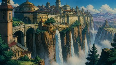a cliffside city with waterfalls cascading into a misty canyon, wide establishing shot, no people, no text