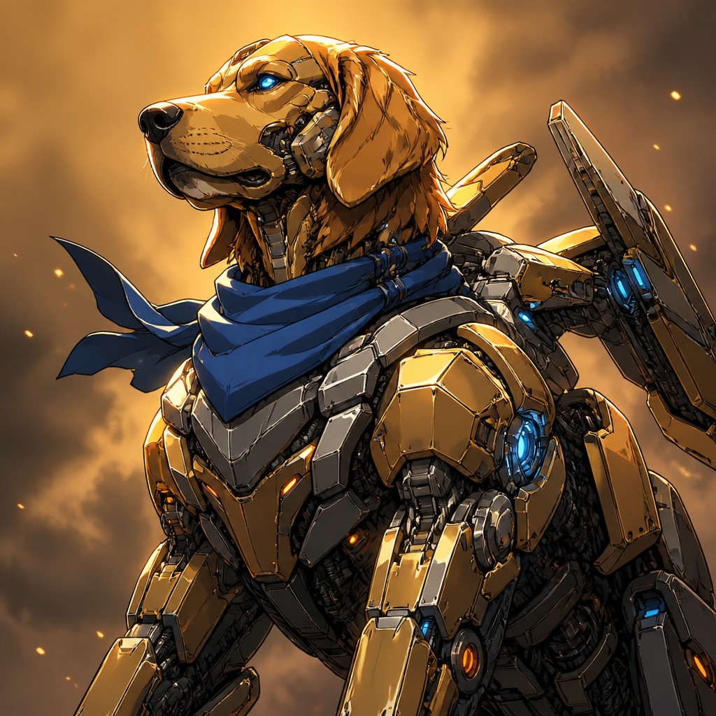 portrait of a golden retriever wearing a blue bandana, warm plain backdrop, no text