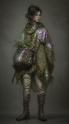 full-body original character: a wandering botanist with a satchel of plants, a patched green cloak, tall boots and round glasses, neutral background