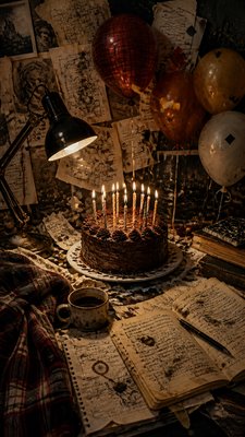 a birthday cake with lit candles surrounded by balloons and confetti, festive vertical composition, no text