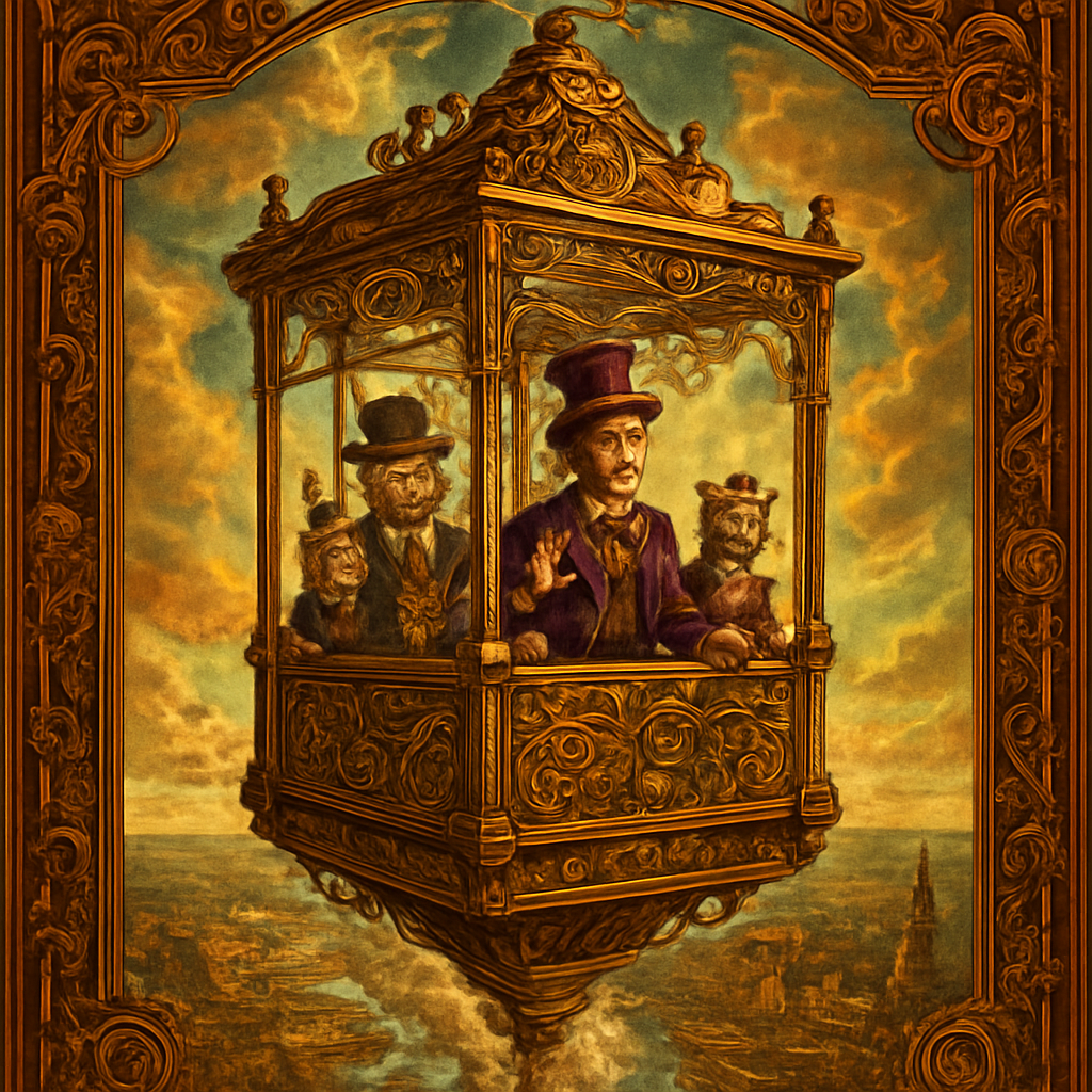 An awe-inspiring and whimsical scene featuring Willy Wonka's Great Glass Wonkavator, soaring high above Louisiana and ascending into a fantastical sky. The Wonkavator itself is a magnificent, multi-directional glass elevator, transparent and sparkling, with Willy Wonka (in his iconic purple coat and top hat), and several anthrpomorphic cats in stylish New Orleans clothing clearly visible and enjoying the ride inside. The interior of the Wonkavator shows intricate, whimsical control panels. The Wonkavator is depicted in mid-flight, having just burst through the factory roof or rising above the clouds. Below it, the fantastical landscape of the Bayou and various whimsical buildings from the city of New Orleans. Beyond is the ocean. The lighting is bright and magical, emphasizing the glass's transparency and the vibrant colors of the world below and beyond. The overall mood is one of boundless adventure, limitless possibilities, and pure, joyful fantasy."