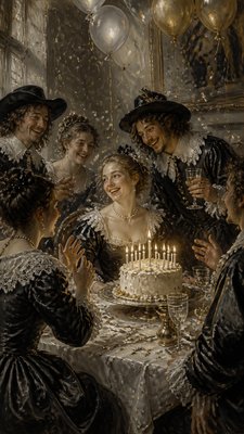 a birthday cake with lit candles surrounded by balloons and confetti, festive vertical composition, no text
