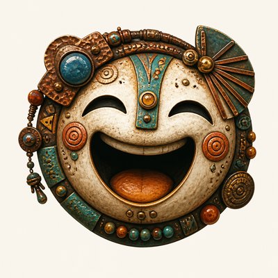 an exaggerated laughing face of an original round mascot character, bold and readable at small size, plain background, no text