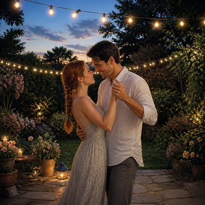 an original couple dancing under string lights in a garden at dusk: a man with short black hair in a linen shirt and a woman with braided red hair in a summer dress