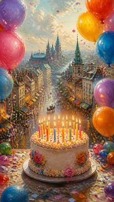 a birthday cake with lit candles surrounded by balloons and confetti, festive vertical composition, no text
