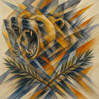 a roaring bear head above crossed pine branches, bold graphic composition on a plain background, no text