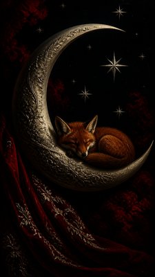 a sleeping baby fox curled on a crescent moon among soft stars, gentle and warm, no text
