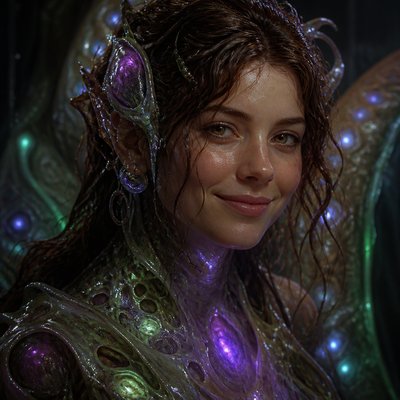 head-and-shoulders portrait of an original character: a young woman with wavy chestnut hair and a warm smile, plain soft backdrop
