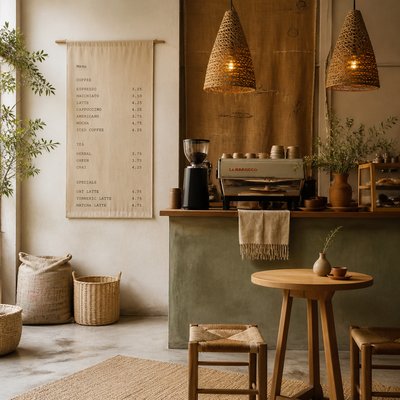 cozy cafe interior with warm lighting