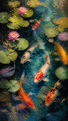 a koi pond with lily pads seen from above, no people