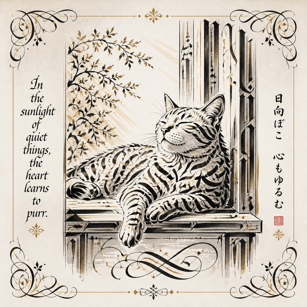 a cat lounging in a sunlit window — Calligraphy Art Style