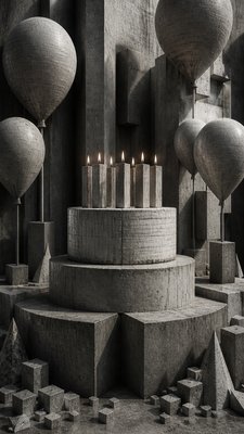 a birthday cake with lit candles surrounded by balloons and confetti, festive vertical composition, no text