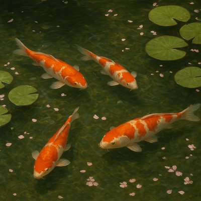 A koi pond seen from above, orange and white koi fish swimming among lily pads, clear water with subtle ripples, fallen cherry blossom petals floating on the surface, dappled sunlight