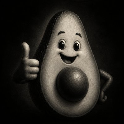a happy avocado character giving a thumbs up, bold readable design on a plain background, no text