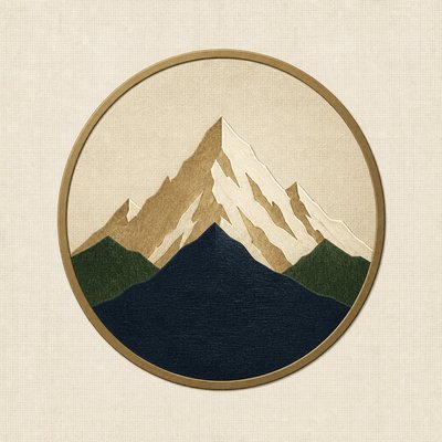 an emblem of a mountain peak inside a circle, simple bold shapes on a plain background, no text or lettering