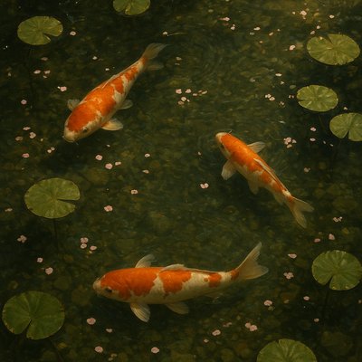A koi pond seen from above, orange and white koi fish swimming among lily pads, clear water with subtle ripples, fallen cherry blossom petals floating on the surface, dappled sunlight