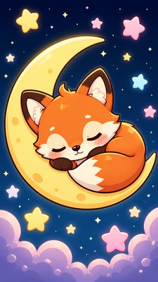 a sleeping baby fox curled on a crescent moon among soft stars, gentle and warm, no text