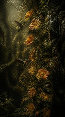a climbing vine of flowers and hummingbirds on a dark background, tall wrapping composition, no text
