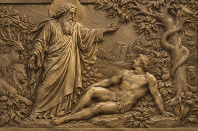 God the Father standing in the Garden of Eden with Adam reclining and looking up 