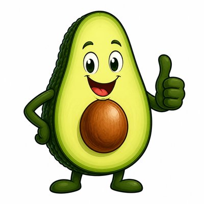 a happy avocado character giving a thumbs up, bold readable design on a plain background, no text