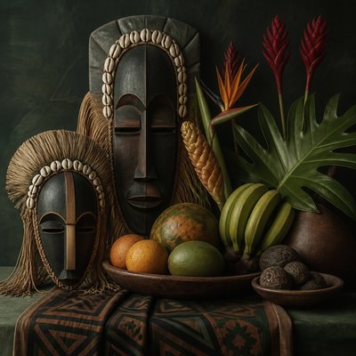 still life arrangement of fruits and flowers