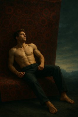 a man sitting on a red chair with his shirt off