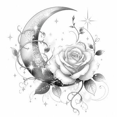 a rose entwined with a crescent moon, clean balanced composition on a plain background, no text