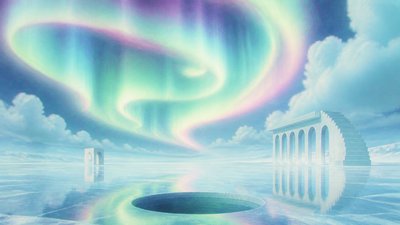 a sweeping aurora over a frozen lake, no people