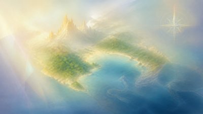 a map of an island realm with mountains, forests, a sheltered bay, sea monsters in the water and a compass rose, no text labels