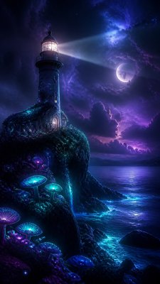 a lone lighthouse on a cliff at dusk under a dramatic sky, no text or lettering