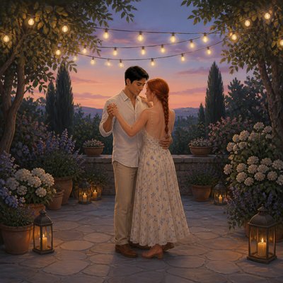 an original couple dancing under string lights in a garden at dusk: a man with short black hair in a linen shirt and a woman with braided red hair in a summer dress