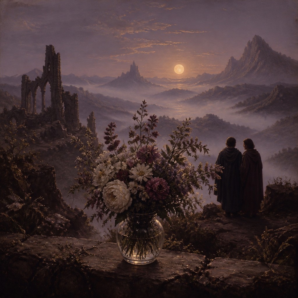 bouquet of flowers in a glass vase — Dresden Romantic Art Style