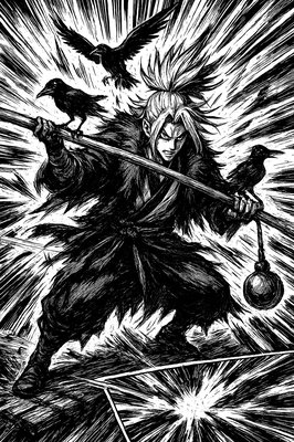 a black and white drawing of a man holding a sword