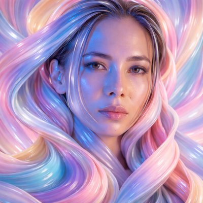 a woman with long hair and a multicolored background